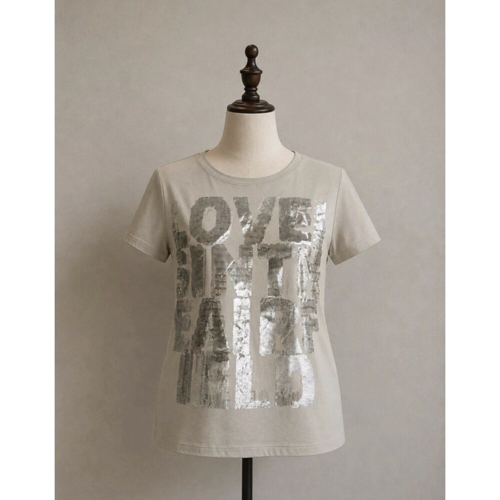 Airfield Crystal Foil Graphic Tee Womens XL Beige Short Sleeve Casual Top